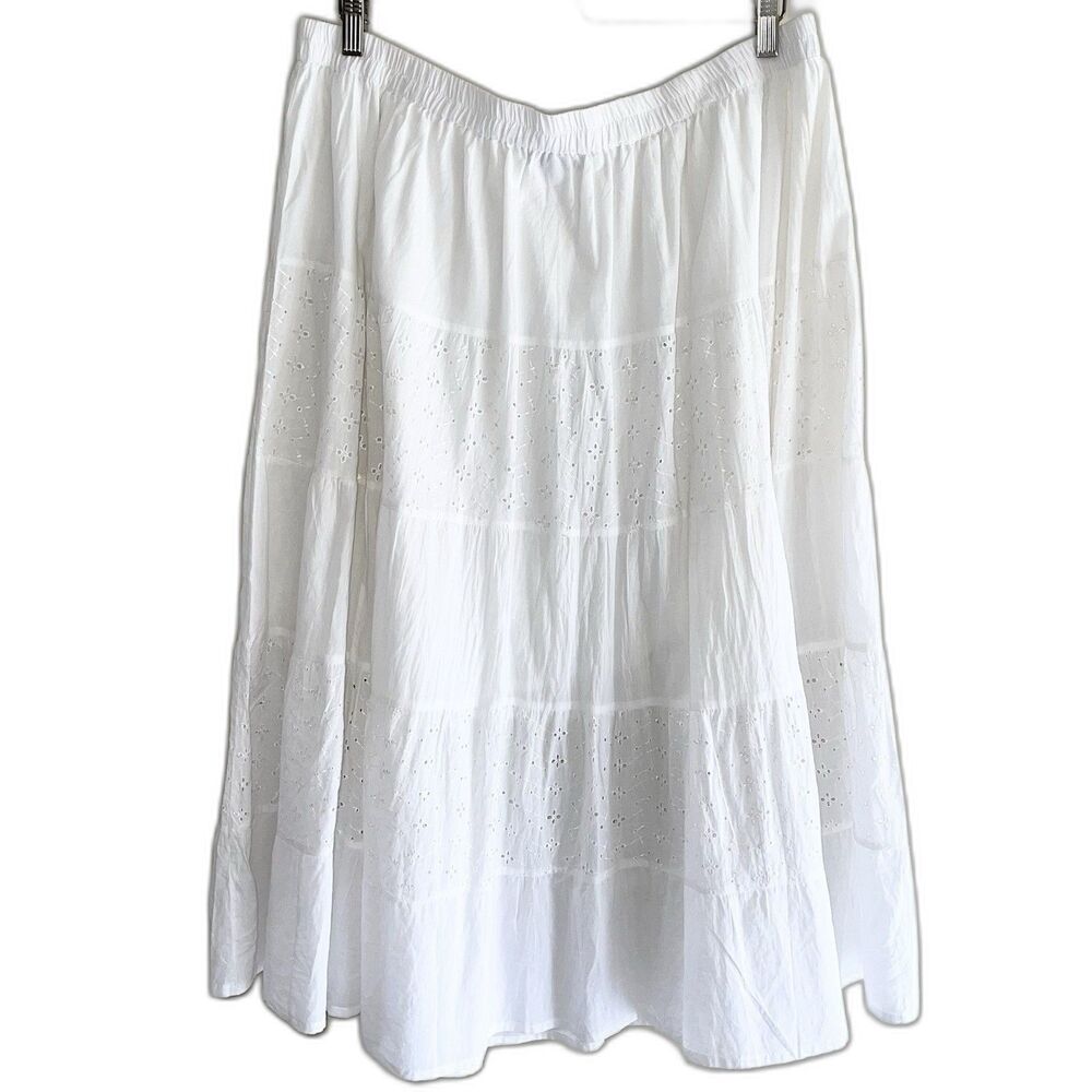 Claudia Richard White Boho Maxi Skirt Plus Size 1X Eyelet Tiered Elastic Waist - Picture 7 of 9